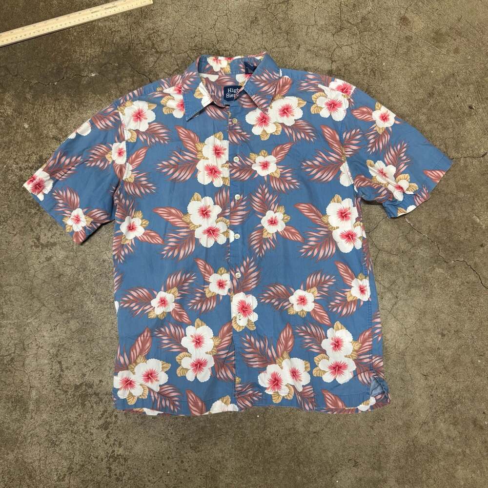 High Sierra Mens Size M Blue Floral Hawaiian Print Short Sleeve Button Down Shir